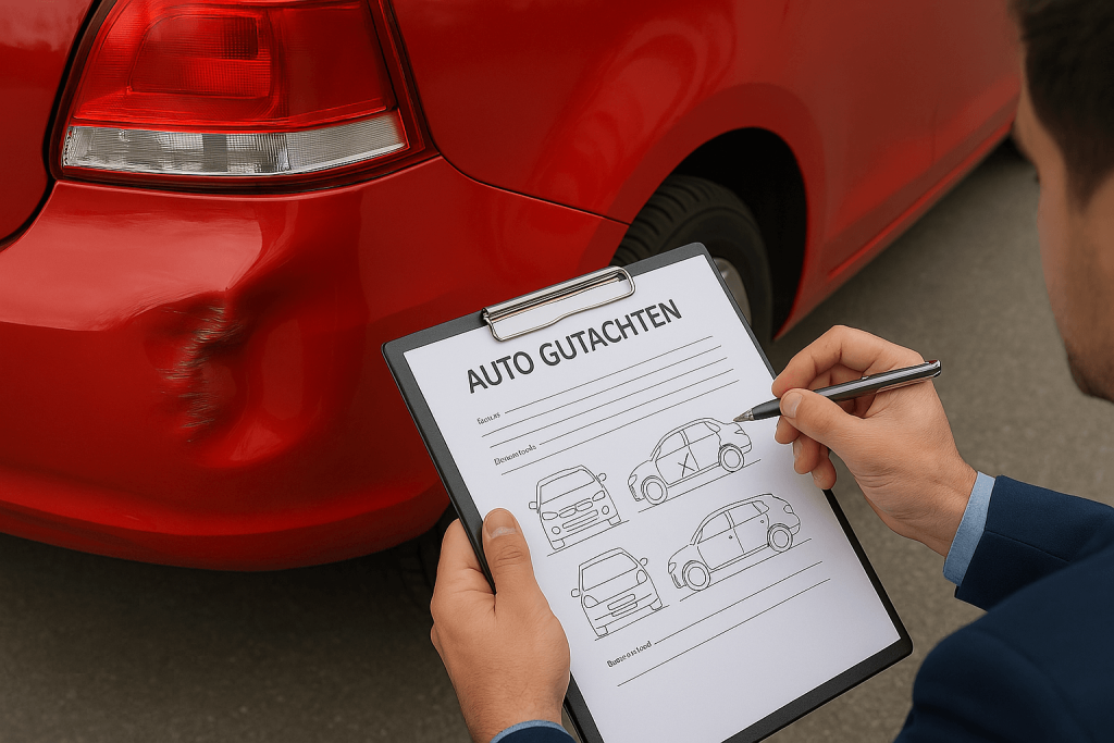 Kfz-Gutachter dokumentiert Unfallschaden an rotem Auto für Schadengutachten